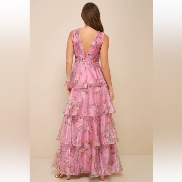 Lulus Garden Radiance Pink Floral Print Organza Tiered Maxi Dress - Picture 2 of 6